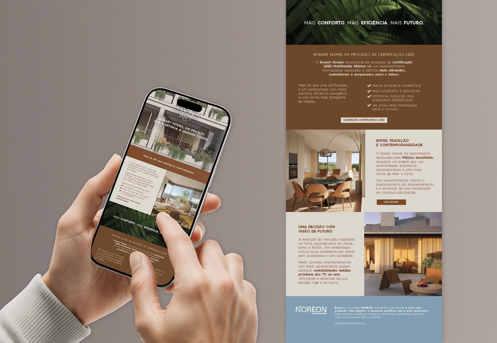Mãos seguram smartphone com newsletter Bonart Homes ao lado da peça completa: "Mais conforto. Mais eficiência. Mais futuro."