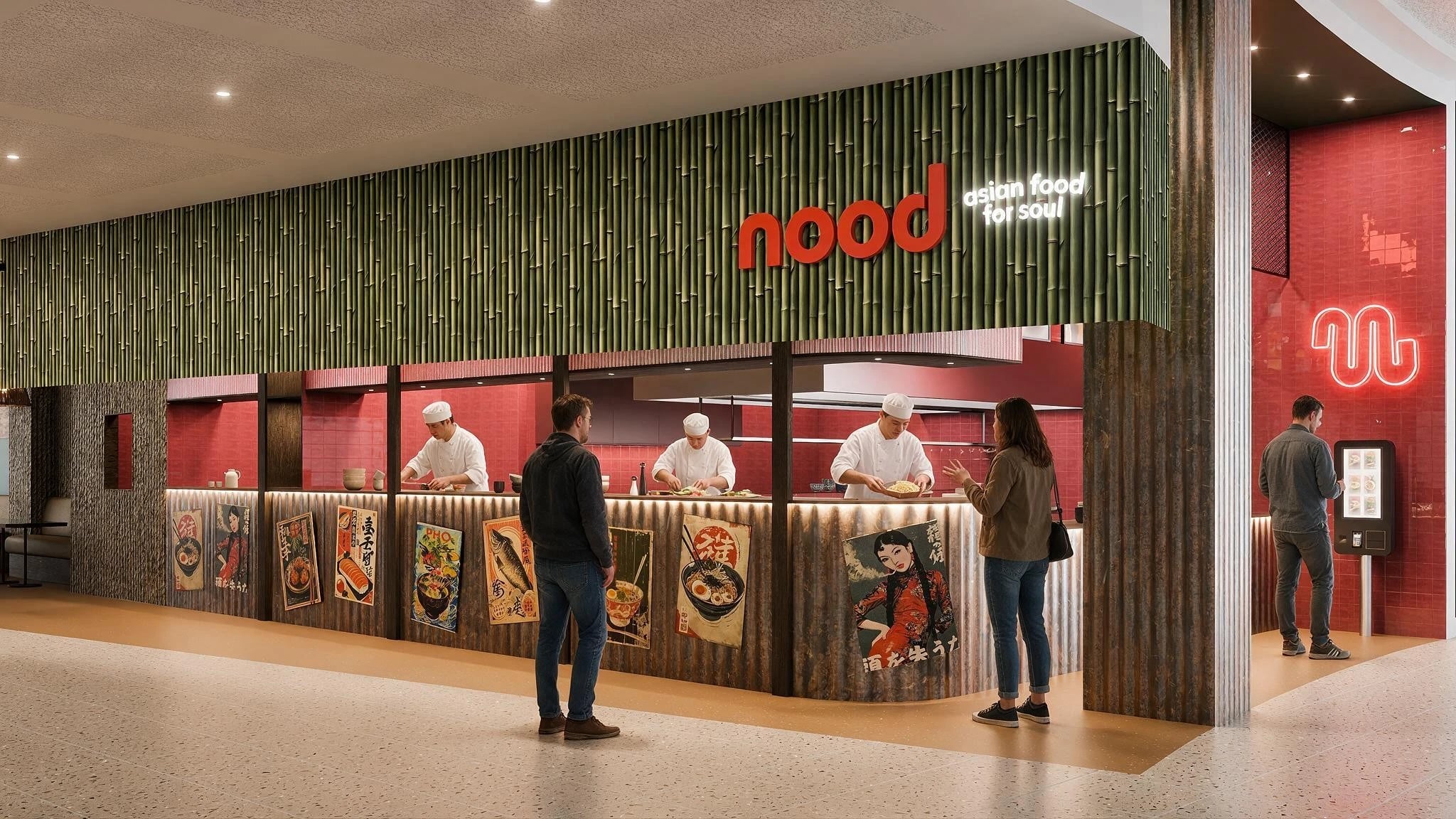 Balcão de restaurante numa praça de alimentação com letreiro "nood asian food for soul" e cozinheiros a servir