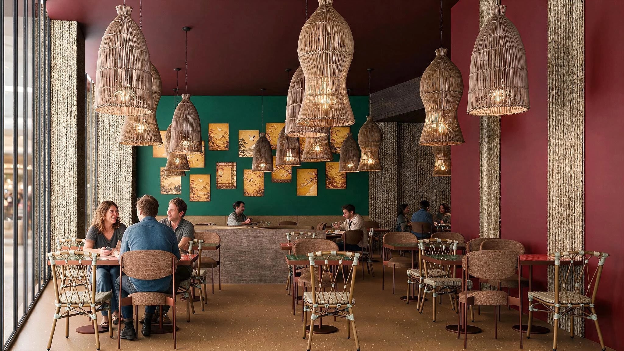 Interior de restaurante com candeeiros de vime suspensos, paredes bordô e verde e clientes sentados às mesas
