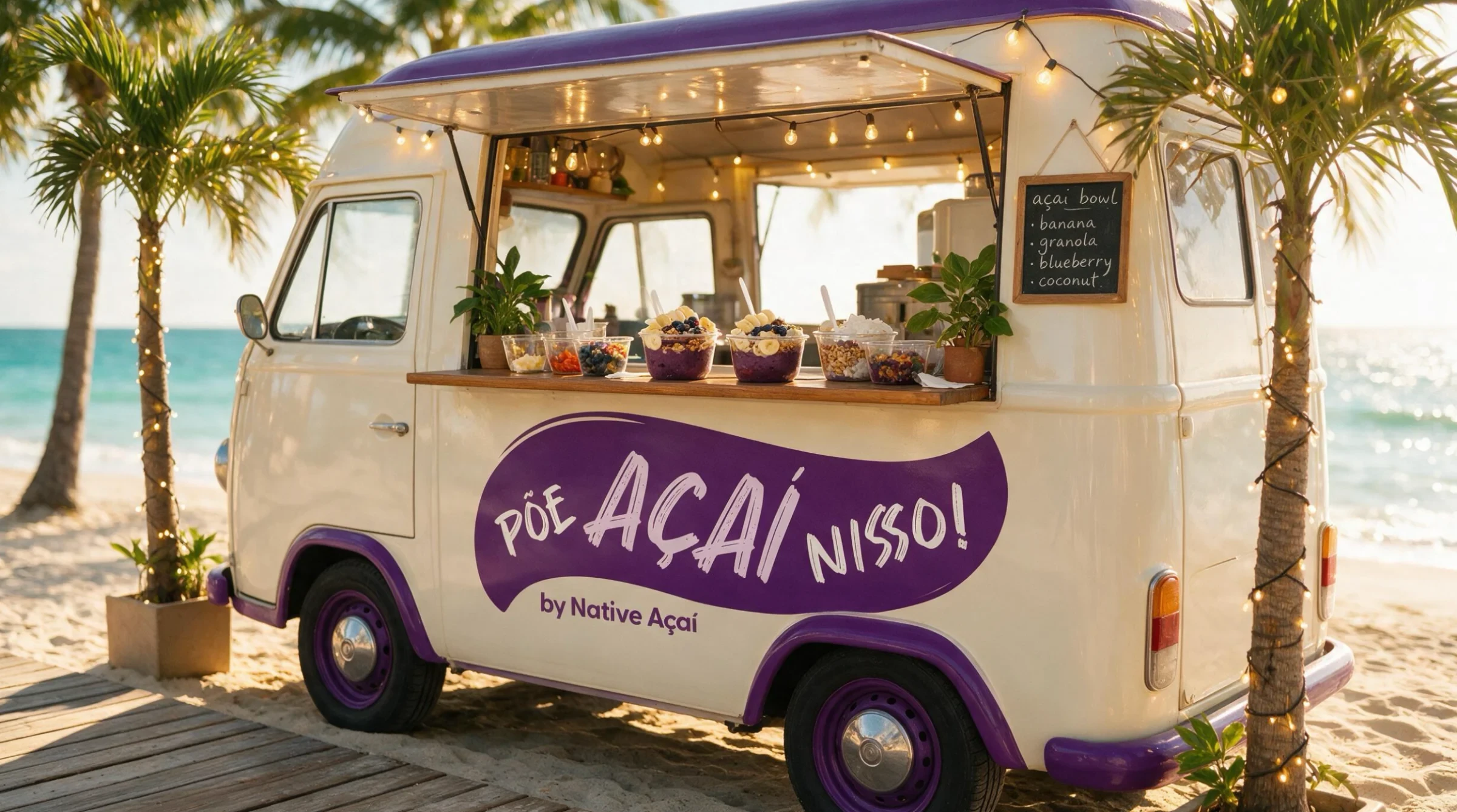 Carrinha food truck branca e roxa na praia com letreiro "Põe Açaí Nisso! by Native Açaí" e taças de açaí